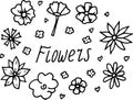 Hand drawn doodle set with flowers. Simple line sketch floral collection. set in black and white with lettering Flowers Royalty Free Stock Photo