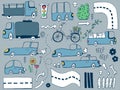 Hand drawn doodle set with funny cars, bus, roads, vector illustration