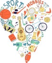 Hand drawn doodle set of hobbies and sport things. drawn in the shape of a heart. Royalty Free Stock Photo