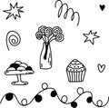 Hand drawn doodle set for party with sweets, roses, stars, garland, heart. Vector illustration Royalty Free Stock Photo