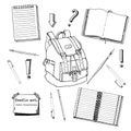 Hand drawn doodle set of school teen elements. Back to school. Writing supplies,copybook, notebook, sticky notes, backpack in cart Royalty Free Stock Photo