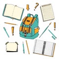 Hand drawn doodle set of school teen elements. Back to school. Writing supplies,copybook, notebook, sticky notes, backpack in cart Royalty Free Stock Photo