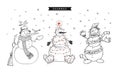 Hand drawn doodle set of snowmen. Winter holidays. Decorated snowmen stand under the snow in a scarf and garland. Stylized birds