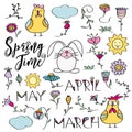 Hand drawn doodle set of spring elements. Flowers, bunny, chicken. Royalty Free Stock Photo