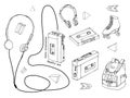 Hand drawn doodle set of teen elements isolated on white background. Retro audio player, cassette, headphones, roller skates, back Royalty Free Stock Photo