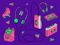 Hand drawn doodle set of teen isolated elements in 90s style. Retro audio player, cassette, headphones, roller skates, backpack in
