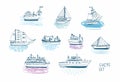Hand drawn doodle ships set. Colorful illustrations collection.