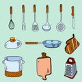 Hand drawn doodle sketch kitchen utensils for