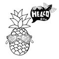 Hand drawn doodle sketch of pineapple in sunglasses. Speech bubble with palm leaves, sunglasses with reflection tropical palm tree Royalty Free Stock Photo