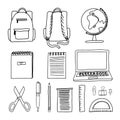 Hand drawn doodle sketch style vector illustration of of school and office supplies around a backpack. Paper notebook