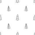 Hand drawn doodle sketch style vector illustration seamless pattern of Christmas pine tree. Isolated on white background Royalty Free Stock Photo