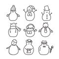 Hand drawn doodle sketch style vector illustration set of cute snowmen, men, women, children with hats and scarfs Royalty Free Stock Photo