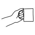 Hand drawn doodle sketch vector illustration of hand in a side view holding coffee or tea mug. Isolated on white Royalty Free Stock Photo