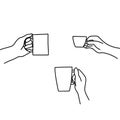 Hand drawn doodle sketch vector illustration of male and female hands in a side view holding coffee or tea mug and Royalty Free Stock Photo