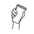 Hand drawn doodle sketch vector illustration of male or female hand in a side view holding coffee or tea disposable to Royalty Free Stock Photo