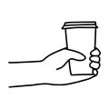 Hand drawn doodle sketch vector illustration of male or female hand in a side view holding coffee or tea disposable to Royalty Free Stock Photo