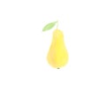 Hand drawn doodle sketchy digital watercolor drawing of ripe yellow pear on stem with green leave. Kids style illustration