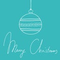 Hand drawn doodle sketchy Xmas greeting card. Ornament ball hand lettering Merry Christmas on pastel turquoise background. Vector
