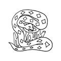 Hand drawn doodle snake on the wooden stump.