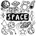 Hand drawn doodle space elements, isolated on white background. Sketch of planets, stars. Outlined vector illustration.