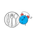 Hand drawn doodle spoon and fork with clock symbol for meal time illustration icon