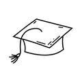 Hand drawn doodle square academic cap icon. Vector sketch illustration of black outline oxford cap, graduation and