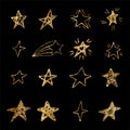 Hand drawn doodle stars collection. Glitter texture stars isolated on black background