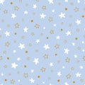 Hand drawn doodle stars on sky blue background vector seamless pattern. Cute baby print
