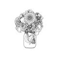 Hand drawn doodle style bouquet of different flowers, dahlia, stock flower, sweet pea Royalty Free Stock Photo