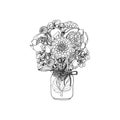 Hand drawn doodle style bouquet of different flowers, peony, dahlia, stock flower, sweet pea Royalty Free Stock Photo