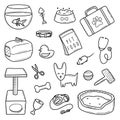 Hand drawn doodle style illustration with veterinary and pet shop symbols isolated on white background