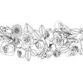 Hand drawn doodle style rustic bouquet seamless brush. Endless floral border. Boho wedding decoration. Isolated on white