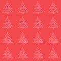 Hand-drawn doodle style seamless vector pattern, white silhouette of Christmas tree on red background festive Royalty Free Stock Photo