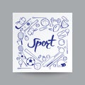 Hand drawn doodle style, sport equipment in background, Royalty Free Stock Photo