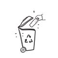 Hand drawn doodle throw plastic bottles in the trash bin illustration vector