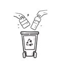 Hand drawn doodle throw plastic bottles in the trash bin illustration vector