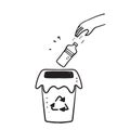 Hand drawn doodle throw plastic bottles in the trash bin illustration vector