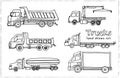 Hand drawn doodle truck set. Vector illustration. Isolated elements on white background. Royalty Free Stock Photo