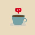 Hand drawn doodle vector illustration of blue cup with hot coffee steam in form of social media like symbol with heart. Valentine Royalty Free Stock Photo