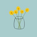 Hand drawn doodle vector illustration of bouquet of fluffy yellow daisies in transparent vase on blueish gray background. Sketchy Royalty Free Stock Photo