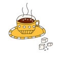 Hand drawn doodle vector illustration of delicious hot cup of coffee of tea. Isolated on white background. Royalty Free Stock Photo