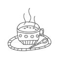 Hand drawn doodle vector illustration of delicious hot cup of coffee of tea. Isolated on white background. Royalty Free Stock Photo