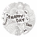 Hand-drawn doodle. Vector illustration. Happy day of little characters. Emotions. Flowers.