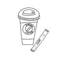 Hand drawn doodle vector illustration of hot coffee in a paper to go cup with a protective sleave. Isolated on white Royalty Free Stock Photo