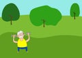 Hand drawn doodle vector illustration of senior man with gray hair exercising in park outdoors in the nature with dumbbells