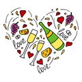 Hand drawn doodle vector pattern with cheese, wine glasses, bottles of sparkling wine, champagne, grapes and hearts. Wedding or Royalty Free Stock Photo