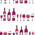 Hand drawn doodle vector seamless pattern with wine glasses and bottles. Red bordo wine, Sketch drawing Royalty Free Stock Photo