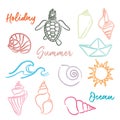 Hand drawn doodle watercolor Seashells and Sea elements set Royalty Free Stock Photo