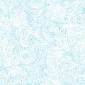 Hand-drawn doodle waves floral pattern, abstract blue leaves and Royalty Free Stock Photo