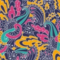 Hand-drawn doodle waves floral pattern, abstract colorful leaves Royalty Free Stock Photo